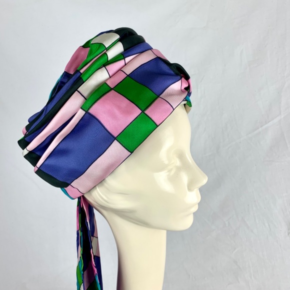 1960s Mr Ken Turban and Matching Scarf M Pink Purple Green Color Block Excellent main image 4
